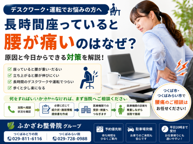 長時間座っていると腰が痛いのはなぜ？デスクワーク・運転で腰痛が起こる理由と対策をつくば市の整骨院が解説