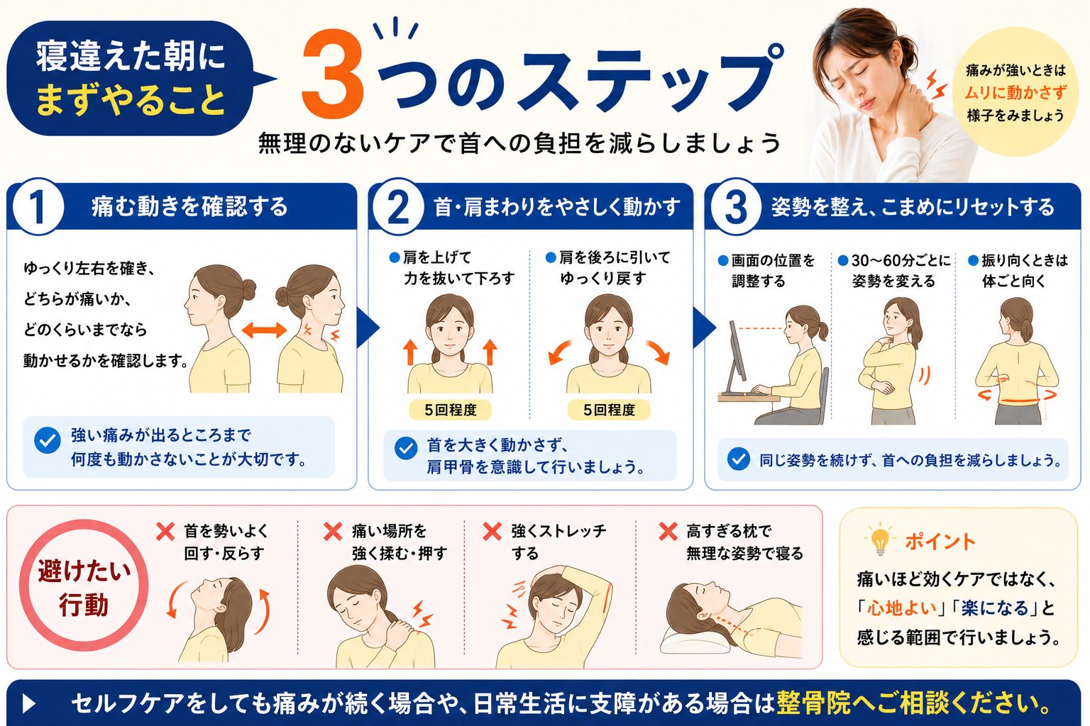 寝違えた朝の首の痛みに対して自宅でできる3つのセルフケアを解説した図