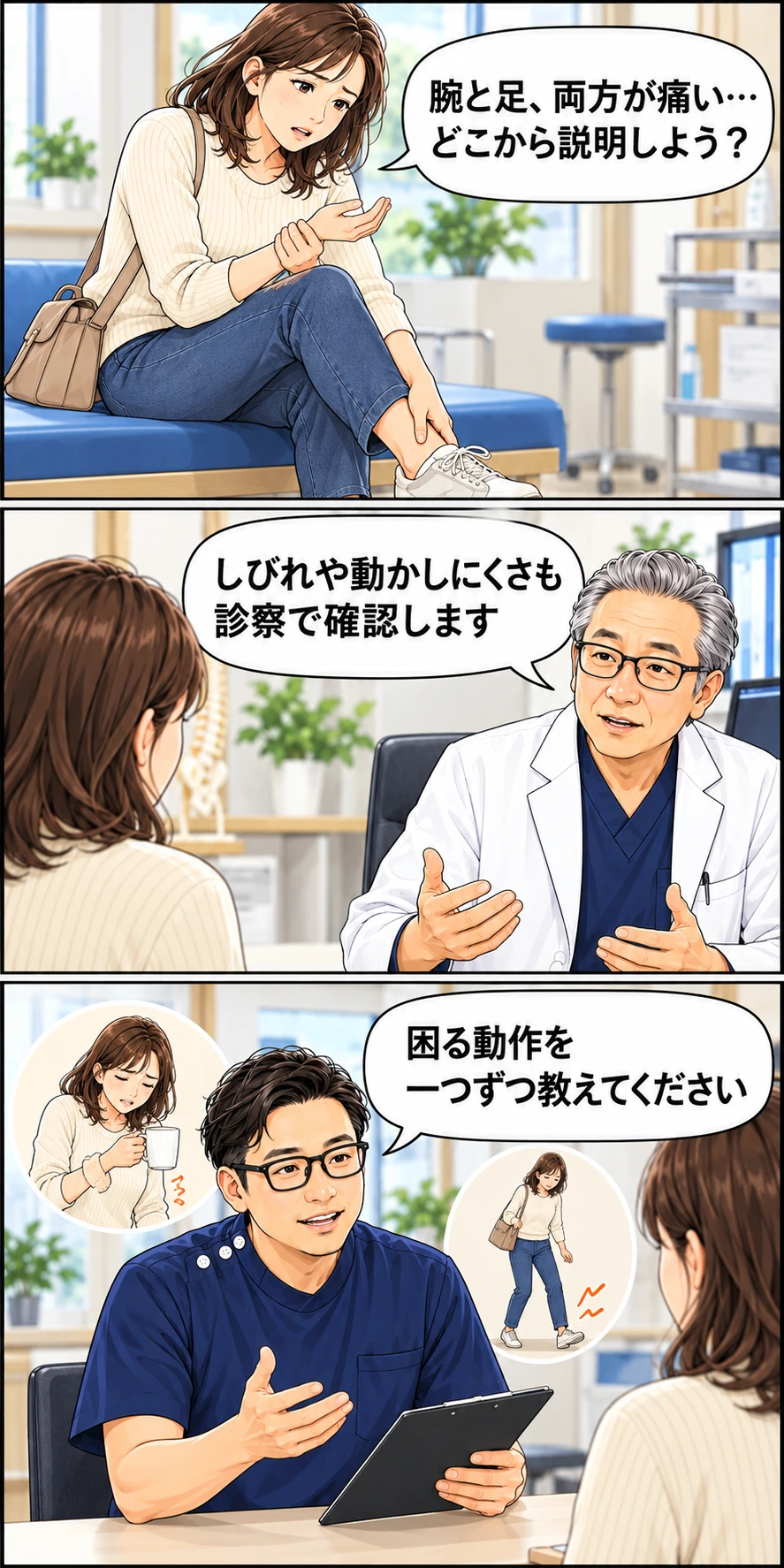 腕と足の痛みやしびれを医師に伝え、整骨院で困る動作を相談する3コマ漫画