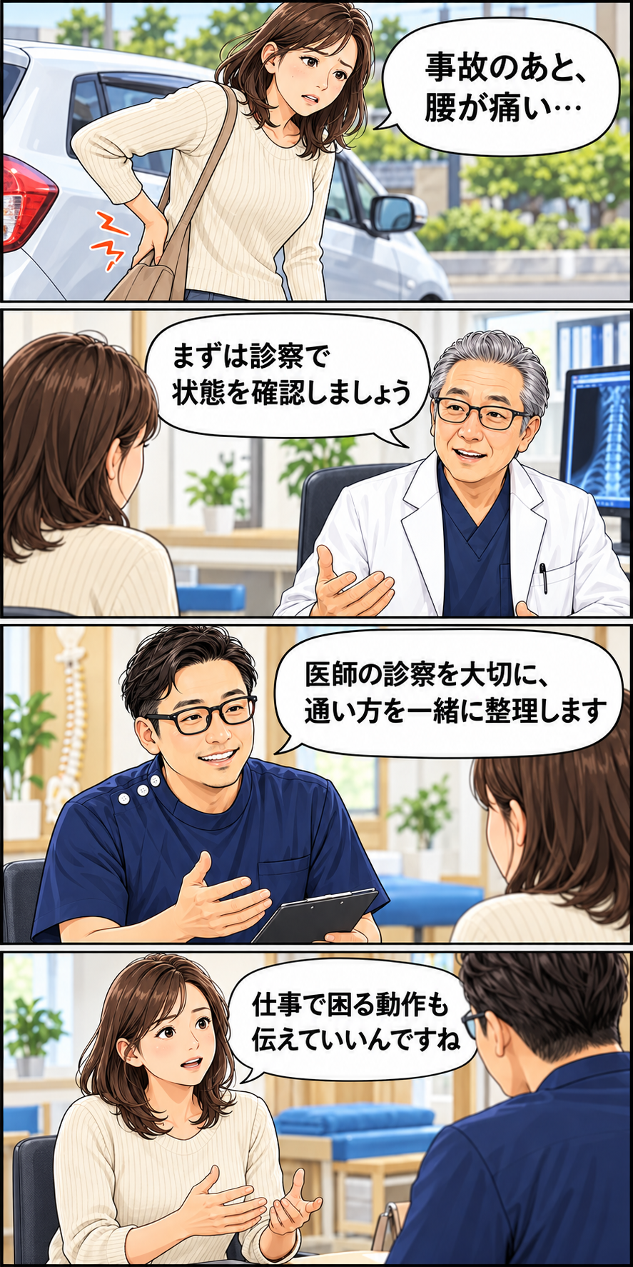 事故後の腰痛について医師が診察し、整骨院で通い方と仕事で困る動作を相談する4コマ漫画