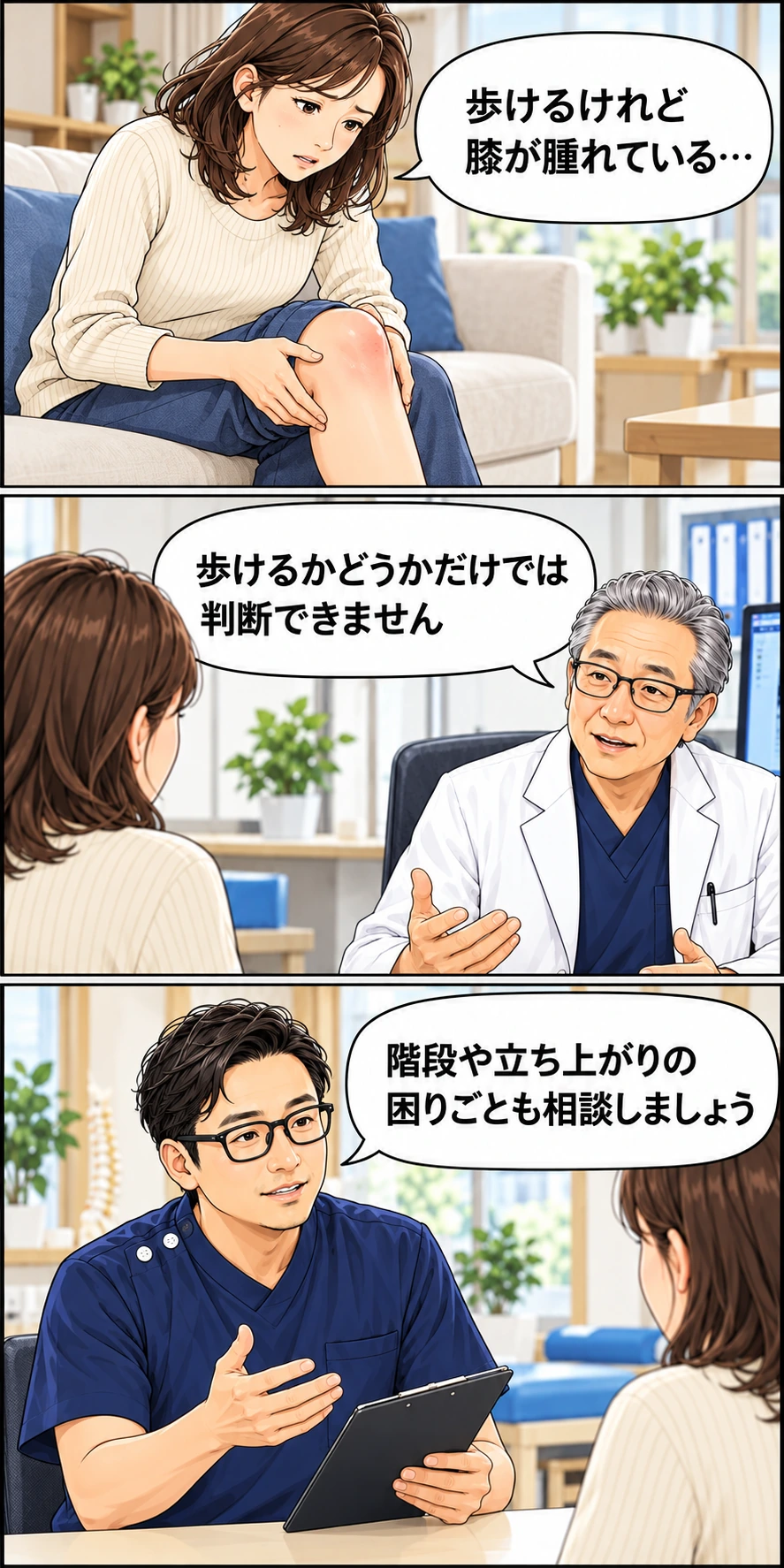事故後に膝が腫れた女性が医師の診察を受け、階段や立ち上がりの困りごとを整骨院で相談する3コマ漫画