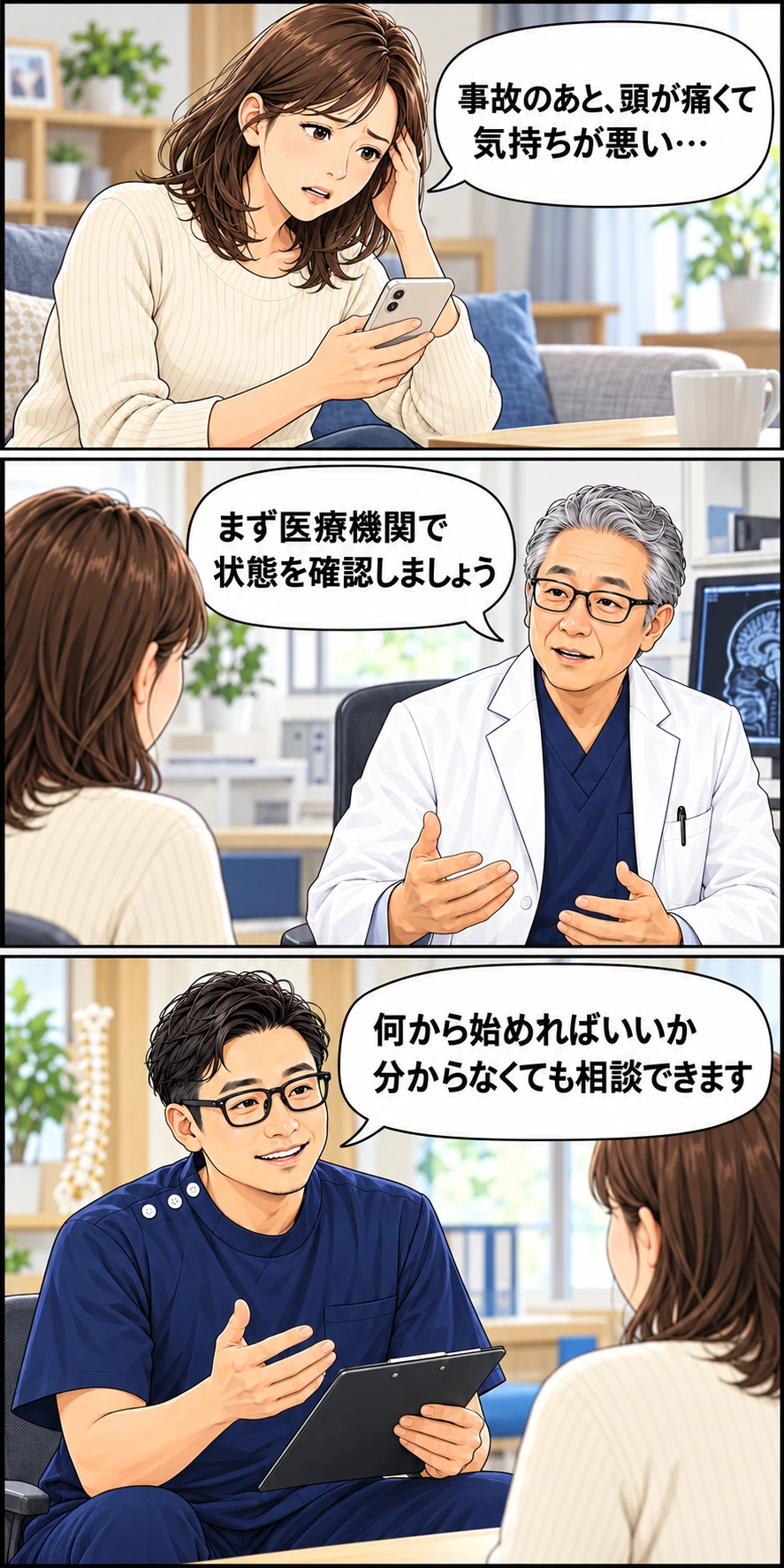 事故後の頭痛と吐き気について医師の診察を受け、整骨院で次の行動を相談する3コマ漫画