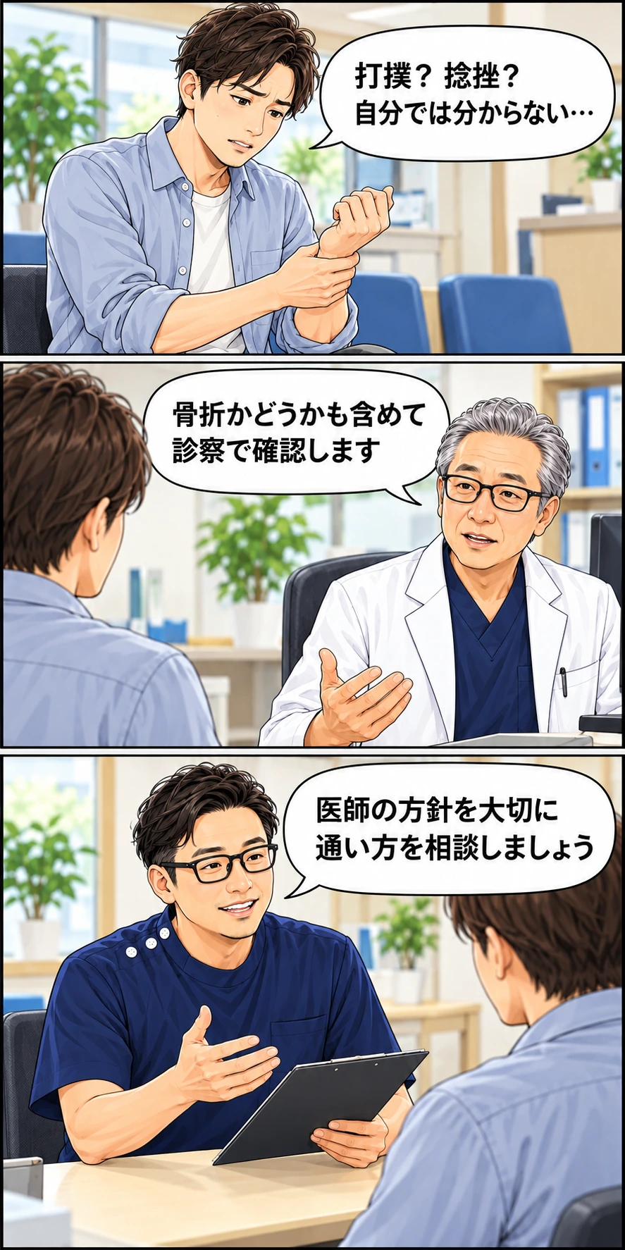 打撲や捻挫か分からない痛みを医師に確認し、診療方針に沿って通い方を相談する3コマ漫画